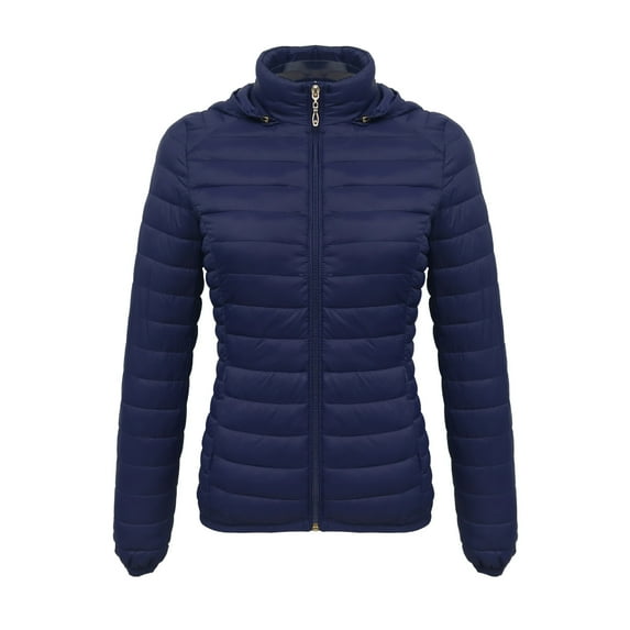 Women's winter Jacket hooded cotton Winter Lightweight Quilted coat long sleeve zipper Warm Outerwear (XXL, Navy)