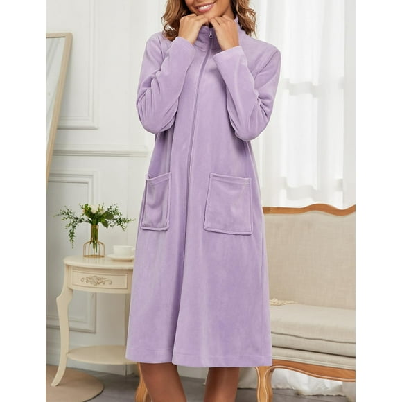 Women's wool nightgown zip-up nightgown long home wear light bathrobe with pockets, 2-pack