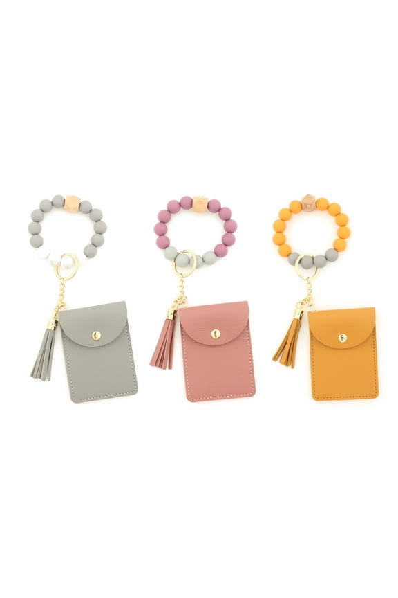 Women's wrist keychain bracelet wallet silicone bead car keyring with tassel bracelet-Light gray+magenta+turmeric