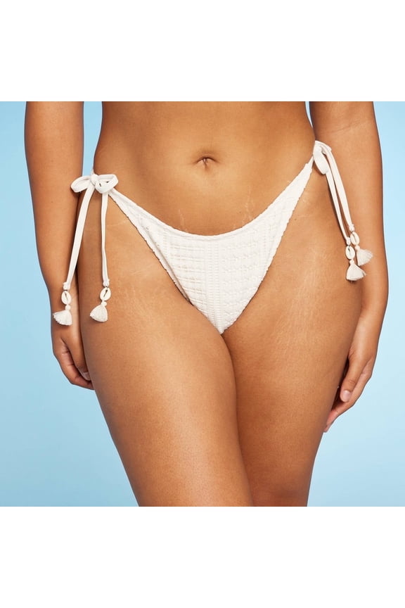 Women'sCrochet Side-Tie Extra Cheeky Extra High Waist Bikini Bottom - Wild Fable Cream S: Swimsuit for Women, Low Rise, Tassel Detail