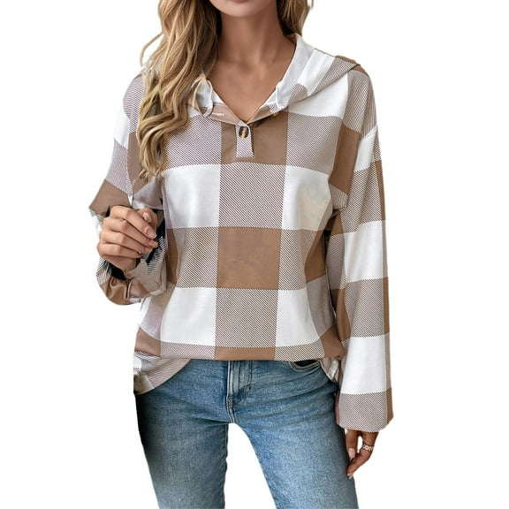 Women'sHoodies & Sweatshirts Fashion Plaid Print Hooded Sweatshirt Button Front Long Sleeve Casual Loose Fit Pullover Top for Autumn Winter Brown M