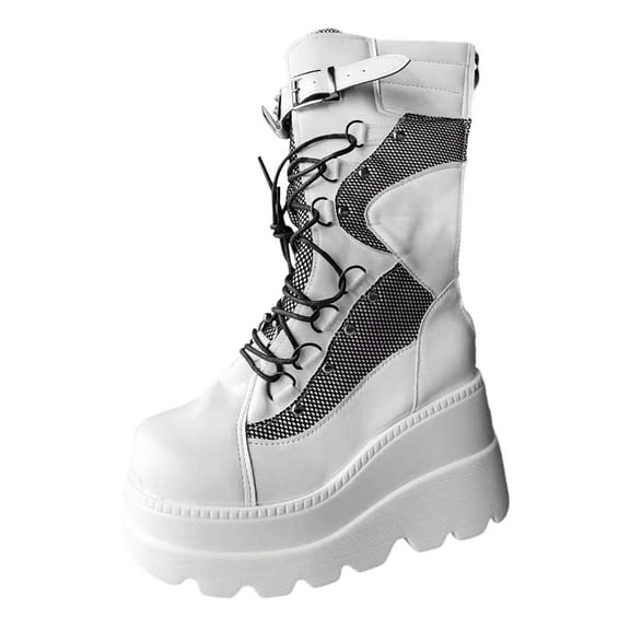 Women'sMid-Calf Boots Fashion Round Toe Chunky Heel Platform Mid Calf Boots with Zipper Detail for Stylish Comfortable Wear White 36