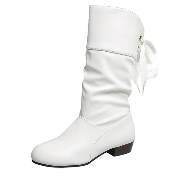 Women'sMid-Calf Boots WoLow Heel Round Toe Back Lacing Mid Calf Boots for Fall and Winter White 36
