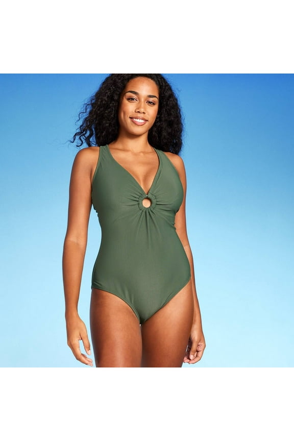 Women'sRibbed Plunge Ring Detail One Piece Swimsuit - Shade & Shore Dark Green XS: Adjustable Straps, Keyhole Design, Stretch Fabric