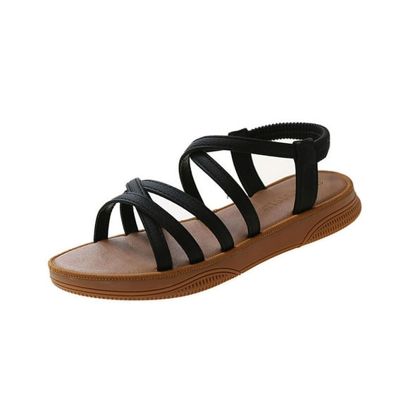 Women'sandals Oofas Womens Sandels Women's Fashion Casual Spring And Summer Beach Solid Color Strap Round Toe Open Toe Rear Elastic Strap Flat Sandals Black