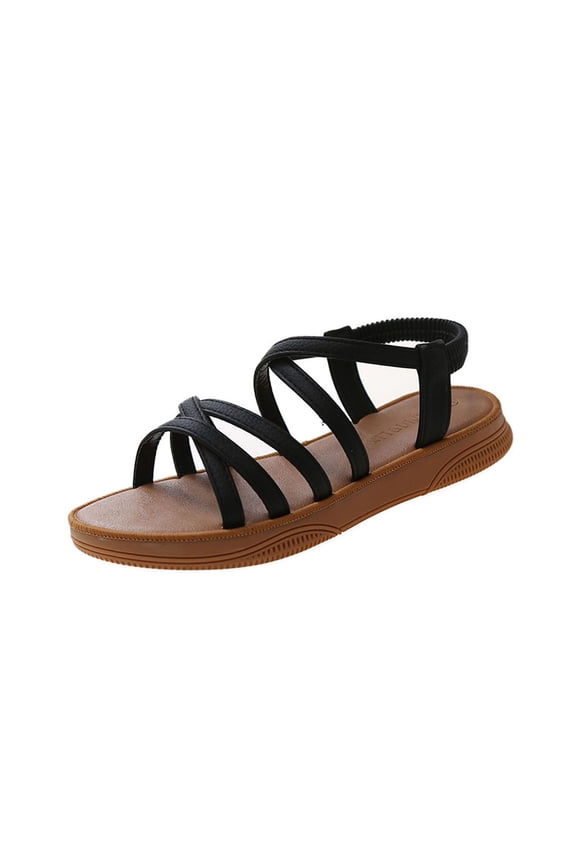 Women'sandals Oofas Womens Sandels Women's Fashion Casual Spring And Summer Beach Solid Color Strap Round Toe Open Toe Rear Elastic Strap Flat Sandals Black