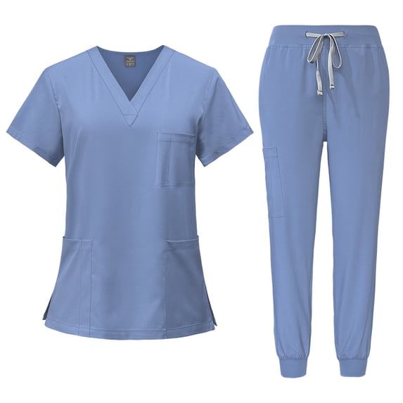 Women scrub set V neck short sleeve top and jogger scrub pants with drawstring and elastic waistband pockets for workwear Light Blue S