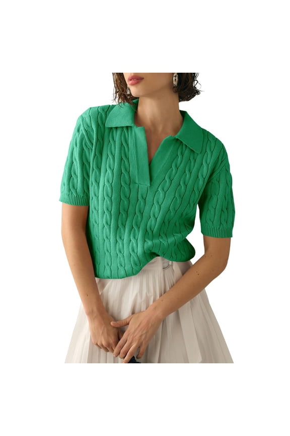 Women Short Sleeved Knit Sweater Top Solid Color Turn Down Collar V Neck Casual Soft Pullover