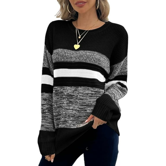 Women striped long sleeve sweater oversized color block knit pullover tops casual ribbed sweaters