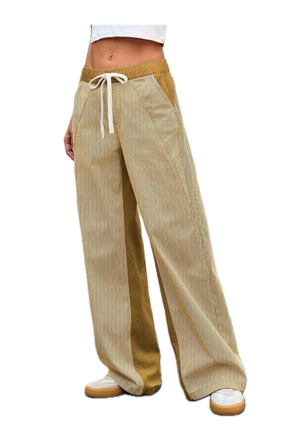 Women striped wide leg jeans with drawstring waist pocketed casual high waisted denim pants everyday fashion bottoms