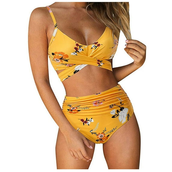 Women/teen girls Swimsuit Two Piece Halter Ruched High Waist Bikini Bathing Suit swimwear Adjustable Back tie-dyed