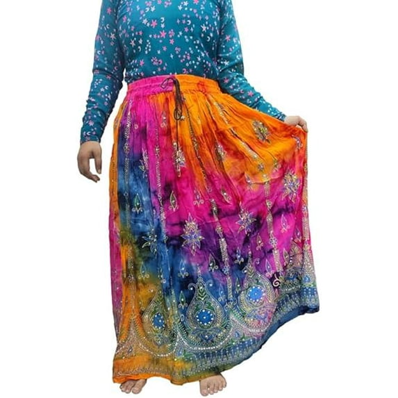 Women tie dye Skirts Trendz Sequined Crinkle Broomstick Gypsy Long Skirt Multi