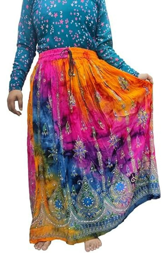 Women tie dye Skirts Trendz Sequined Crinkle Broomstick Gypsy Long Skirt Multi