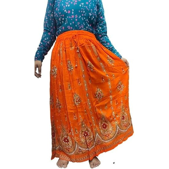 Women tie dye Skirts Trendz Sequined Crinkle Broomstick Gypsy Long Skirt Ornage