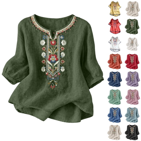 Women tshirts Sawvnm Embroidered Tops For Women 3/4 Sleeve Boho Linen Shirts Plus Size V Neck Tunic Peasant Clothes Army Green S