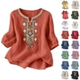 thumbnail image 1 of Women tshirts Sawvnm Embroidered Tops For Women 3/4 Sleeve Boho Linen Shirts Plus Size V Neck Tunic Peasant Clothes Orange S, 1 of 8