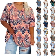 Women tshirts Sawvnm Women's Plus-Size V-Neck Short Sleeved Printing Base Shirt XL