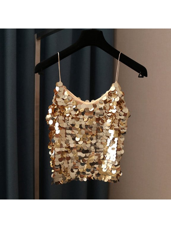 Women\u2019s Tanks & Product Title V Neck Fish Scale Sequined Tank Top and Shiny Spaghetti Strap Vest for Women, Gold, One Size