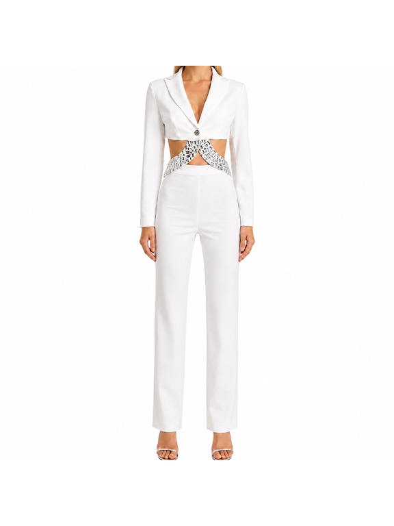 Women white long-sleeved suit-style trousers with a lapel design rhinestone embellishments at the waist cutouts and a straight-leg cutout for formal parties and evening events