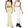 thumbnail image 1 of Women y2k 2 Piece Outfit Crochet Knitted Sleeveless Halter Neck Hollow Out Crop Top High Waist Bodycon Long Skirt Beach Cover Up, 1 of 8