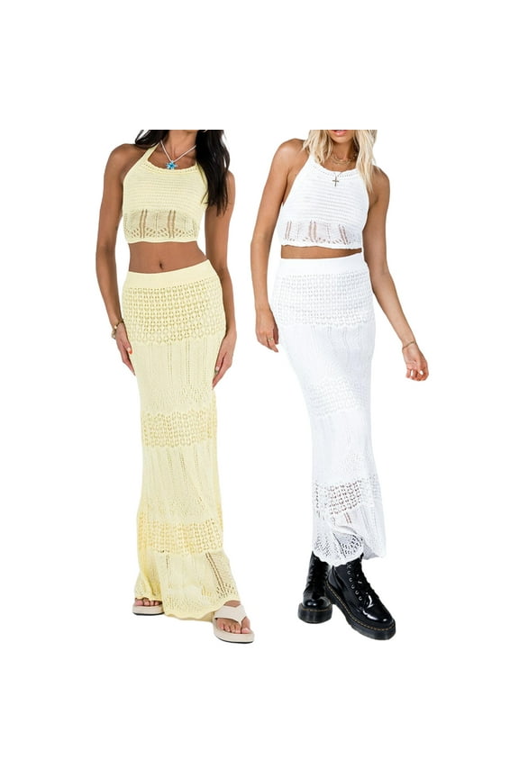Women y2k 2 Piece Outfit Crochet Knitted Sleeveless Halter Neck Hollow Out Crop Top High Waist Bodycon Long Skirt Beach Cover Up