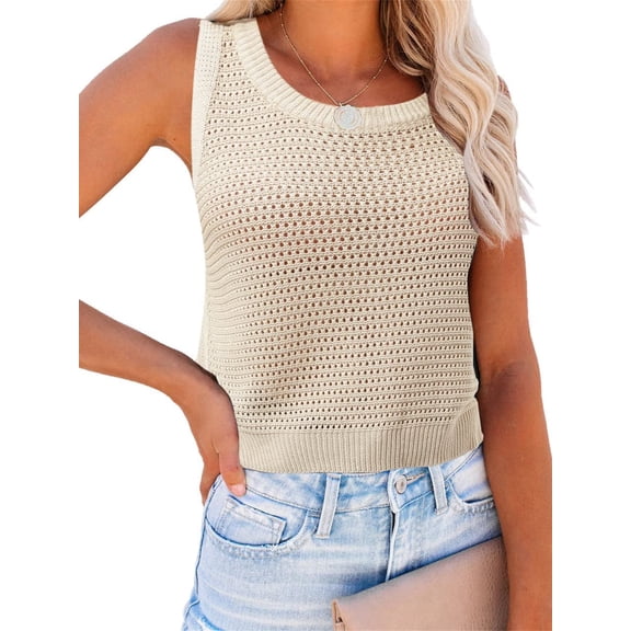 WomenRound Neck Crochet Hollow Out Sleeveless Casual Crop Knit Sweater Tank Tops