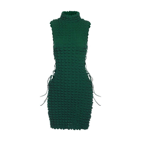 WomenSe--Sleeveless Turtleneck Side Cutout Lace-Up Stacked Mini Bodycon Dress