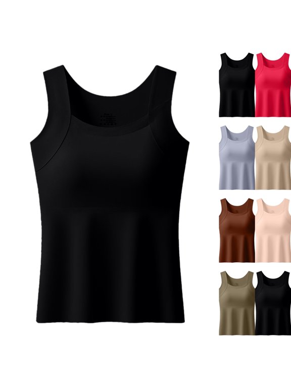 WomenTanks with Built in Bra, Women's Square Neck Comfort Bra Tank Top, Seamless Wireless Support Cami Comfort Black 2XL