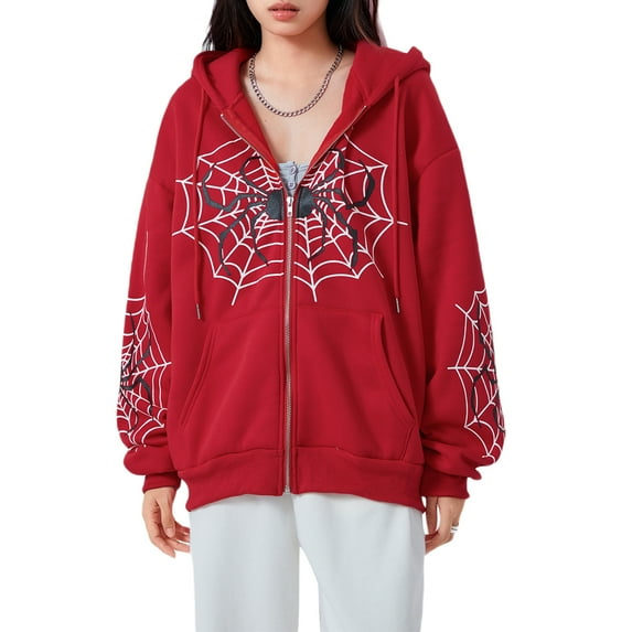 Womenacute;s Halloween Casual Hooded Coat Long Sleeve Spider Web Print Zip Up Hoodie with Pockets
