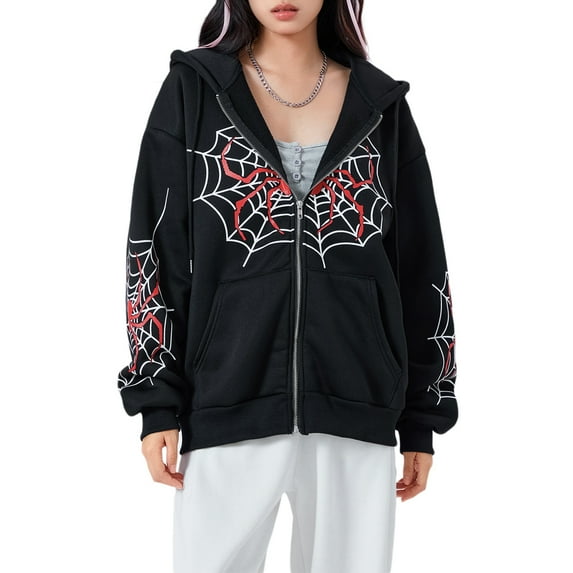 Womenacute;s Halloween Casual Hooded Coat Long Sleeve Spider Web Print Zip Up Hoodie with Pockets