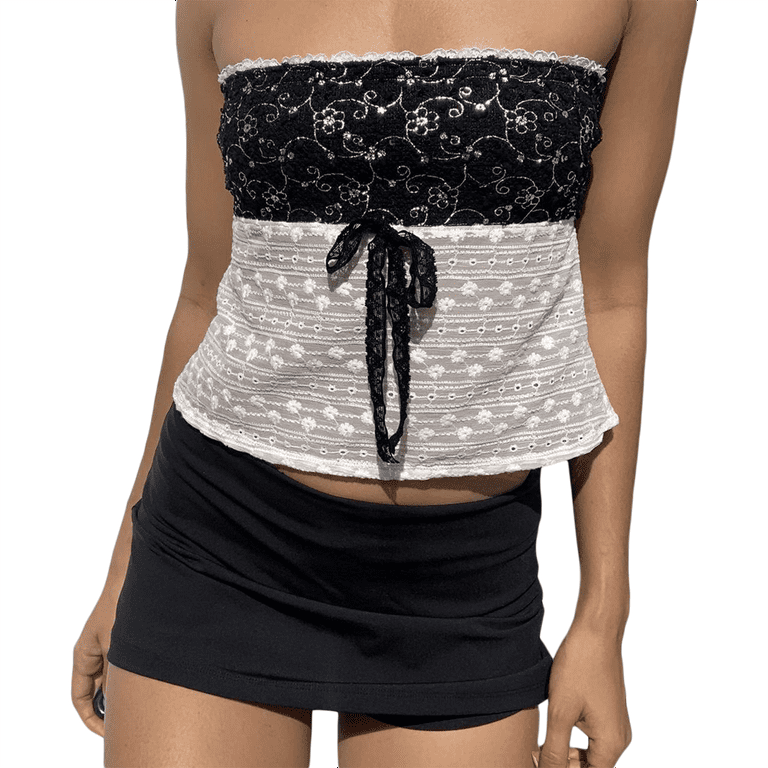 Womenacute;s Lace Tube Tops, Strapless Tie-Up Front Eyelet