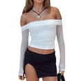 thumbnail image 1 of Womenacute;s Slim Cropped Tops Solid Color Mesh Long Sleeve Off Shoulder Show Navel T-shirt Clubwear for Spring Summer, 1 of 7