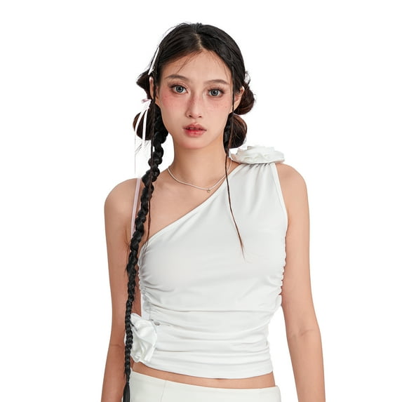 Womenacute;s Solid Color Tank Tops, Summer One Shoulder Sleeveless 3D Rosette Ruched Tops