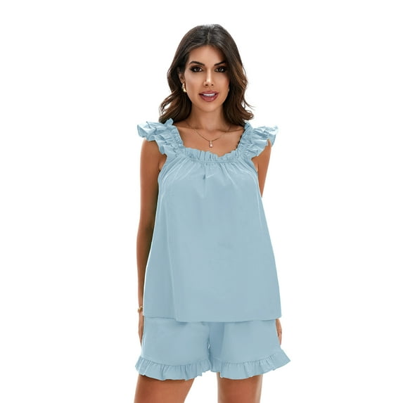 Womenacute;s Summer 2PCS Pajamas Sets Sleeveless Backless Sling Vest + Solid Color Ruffle Shorts