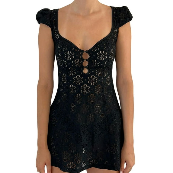 Womenacute;s Summer Lace Dress, Short Sleeve V Neck Hollow Out Button Down Mini A-line Dress