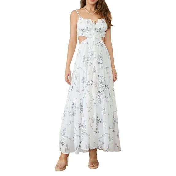 Womenacute;s Summer Slip Dress Graphic Print Spaghetti Strap Back Tie A-Line Long Dress for Beach