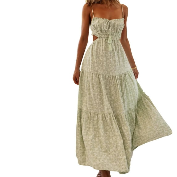 Womenacute;s Summer Slip Dress Graphic Print Spaghetti Strap Back Tie A-Line Long Dress for Beach