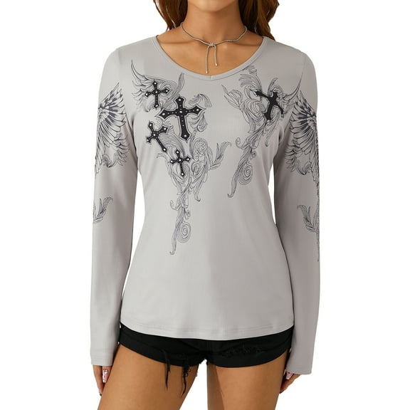 Womenacute;s T-Shirts Cross Wings Print Long Sleeves Shallow V Neck Design Streetwear