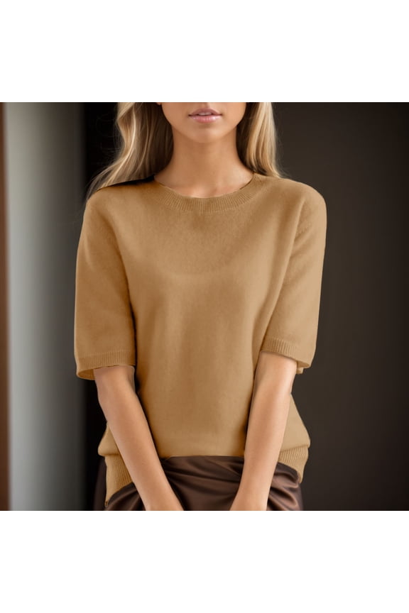 Womenns Summer Soft Knit Solid Tops Casual Trendy Round Neck 3/4 Sleeve Blouse Loose Fit Breathable Lightweight Shirts, LGold