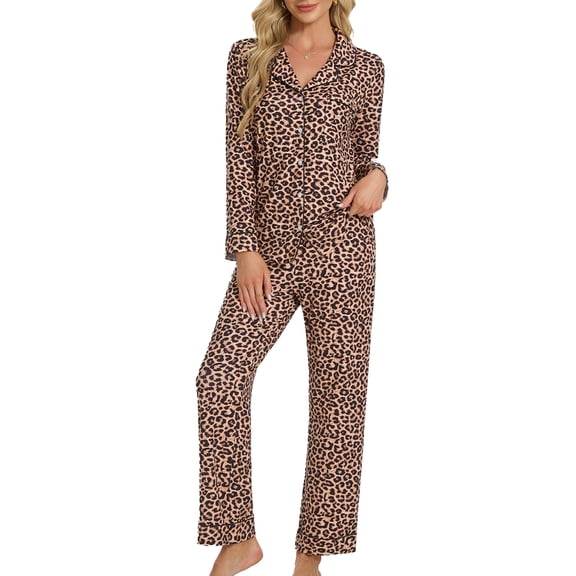 Womenp pajama set, Milk Silk Leopard Print Long Sleeve Pajama Set for women