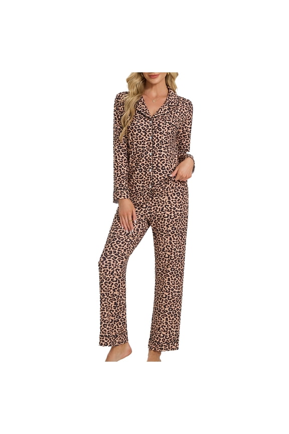 Womenp pajama set, Milk Silk Leopard Print Long Sleeve Pajama Set for women