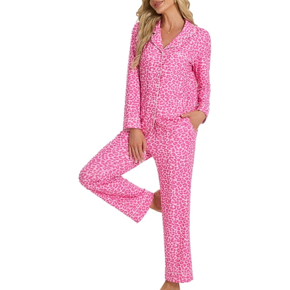 Womenp pajama set, Milk Silk Leopard Print Long Sleeve Pajama Set for women