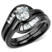 Womens 0.65 Carat Round Cut CZ Black IP Stainless Steel Wedding Ring Set - Size 9