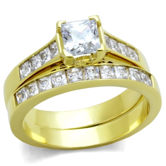 Womens 0.8 Carat Princess CZ Gold IP Stainless Steel Wedding Engagement 2 Rings Set - Size 5