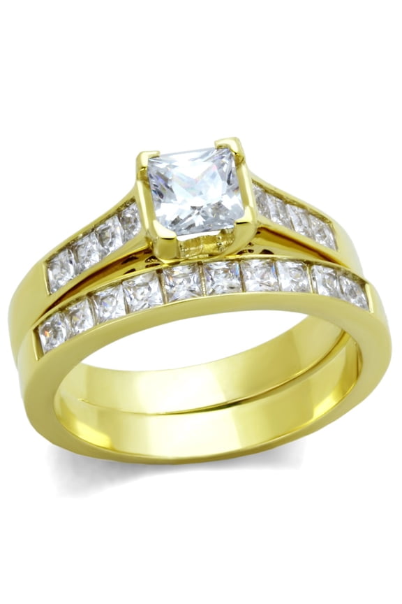 Womens 0.8 Carat Princess CZ Gold IP Stainless Steel Wedding Engagement 2 Rings Set - Size 5