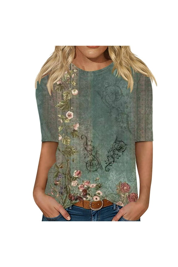 Womens 1/2 Sleeve Tops 2024, Casual Fashion Style Shirts Crew Neck Loose-Fitting Blouses Flower Print Tees