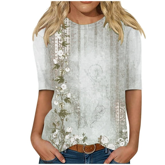 Womens 1/2 Sleeve Tops 2024, Casual Fashion Style Shirts Crew Neck Loose-Fitting Blouses Flower Print Tees