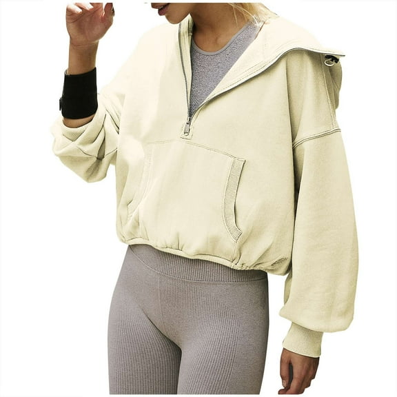 Womens 1/2 Zipper Hoodie Long Sleeve Plain Pullover Crop Hooded Sweatshirts for Teens Casual Sports Jumper Tops (Medium, Beige)