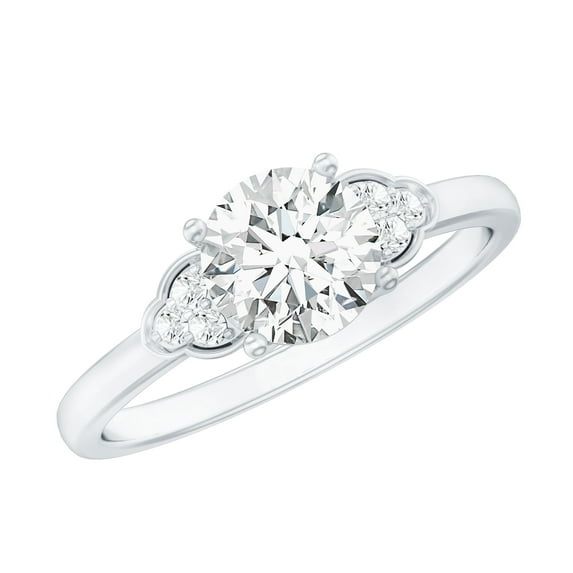 Rosec Jewels Womens 1.25 CT Moissanite Solitaire Engagement Ring with Both Side Trio Gemstone, 10K White Gold, US 4.00