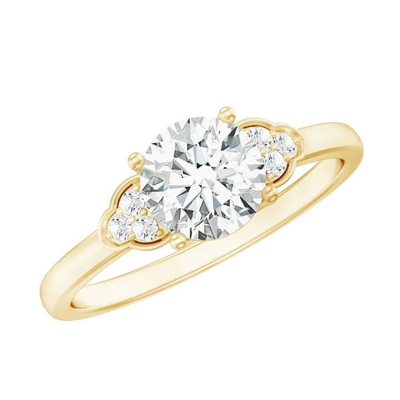 Rosec Jewels Womens 1.25 CT Moissanite Solitaire Engagement Ring with Both Side Trio Gemstone, 14K Yellow Gold, US 5.50
